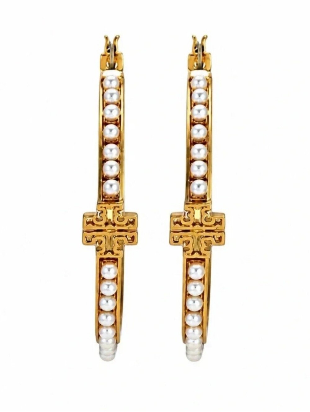 Tory Burch Gold-Tone Hoop Earrings with White Pearls and Cross Detail